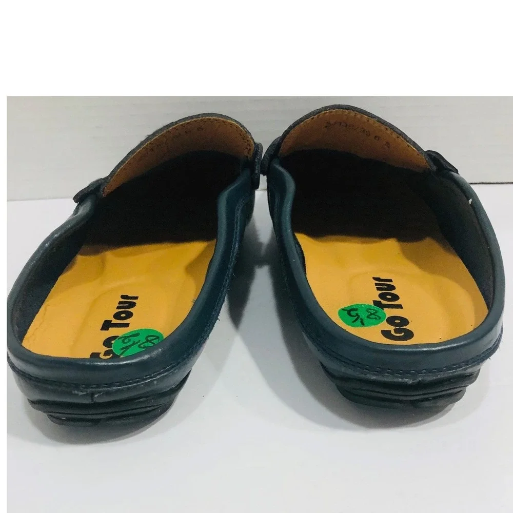 Go Tour Navy Leather Shoes Mule Loafer Backless Slip‎ On Driving Preppy Mens 6.5